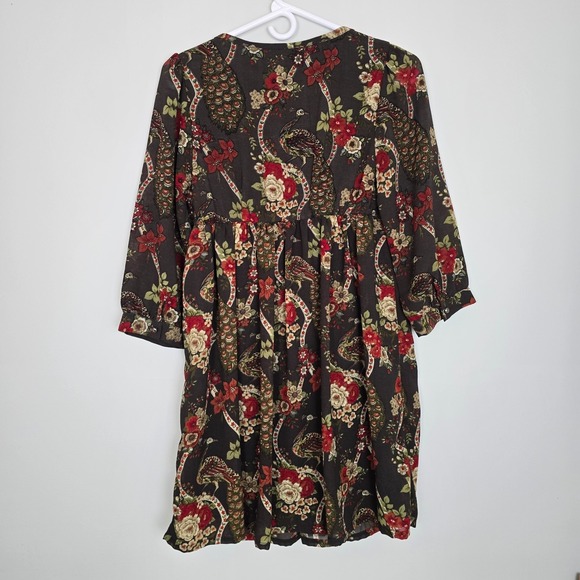 H&M Womens Babydoll Tunic Dress SIZE 4 Boho Peacock Bird Floral Lined 3/4 Sleeve - Picture 9 of 13